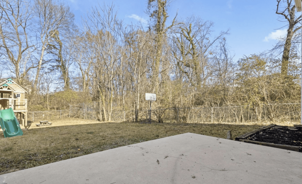 A basketball hoop on a concrete court surrounded by trees in winter.