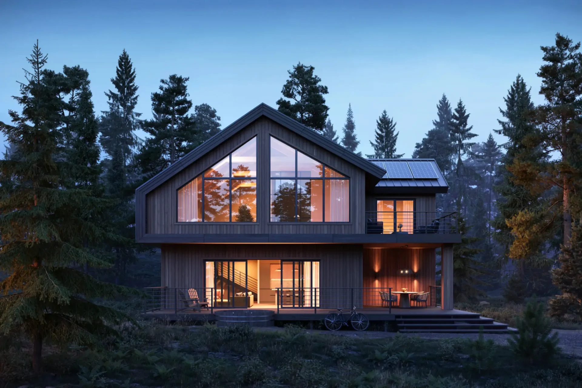 Warm-lit forest house with rooftop solar panels